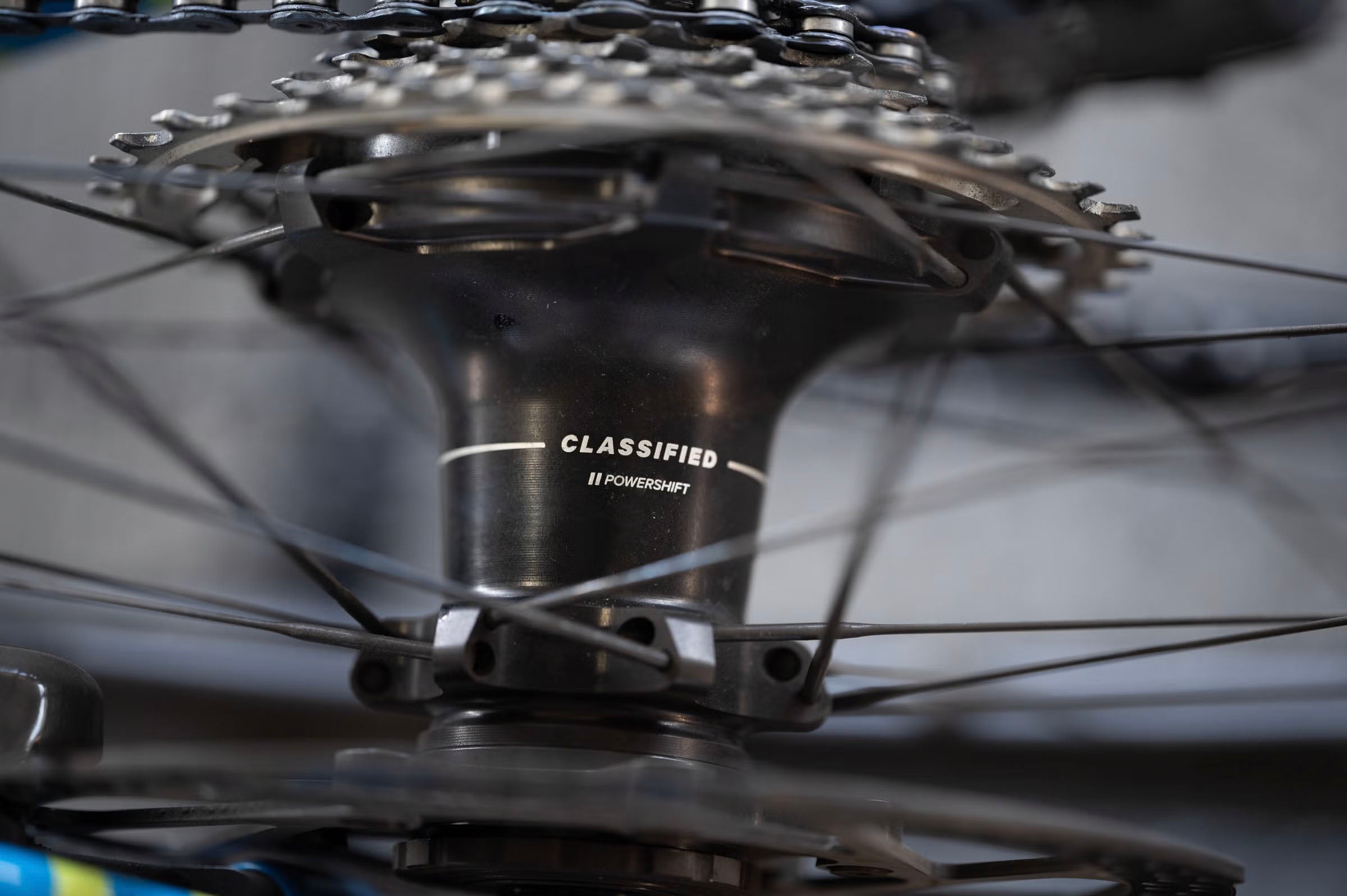 Close-up of a bicycle with Classified hub on a blurred background