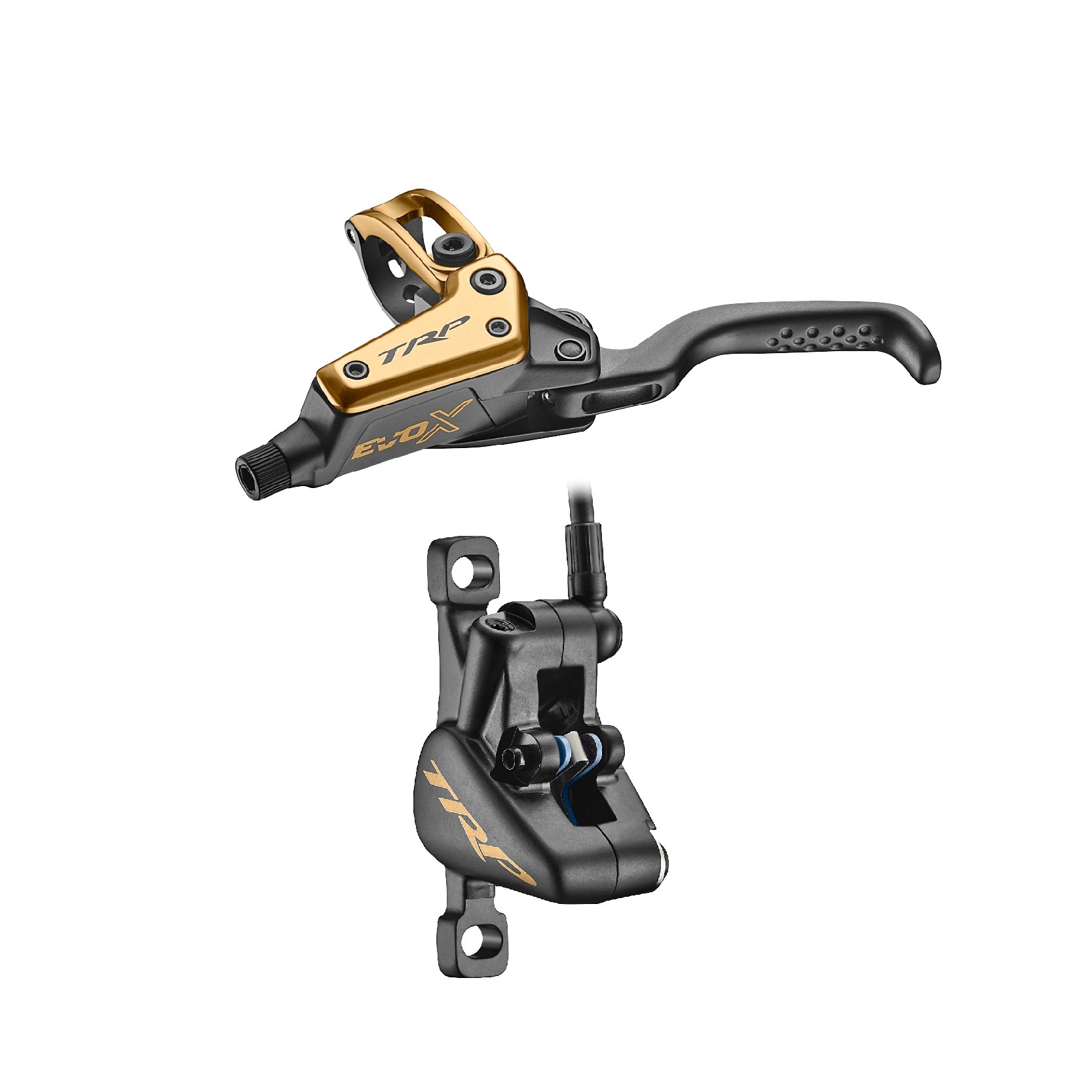 close‑up of TRP EVO X hydraulic MTB disc brake caliper and lever in gold — race‑tuned for XC and down‑country riding