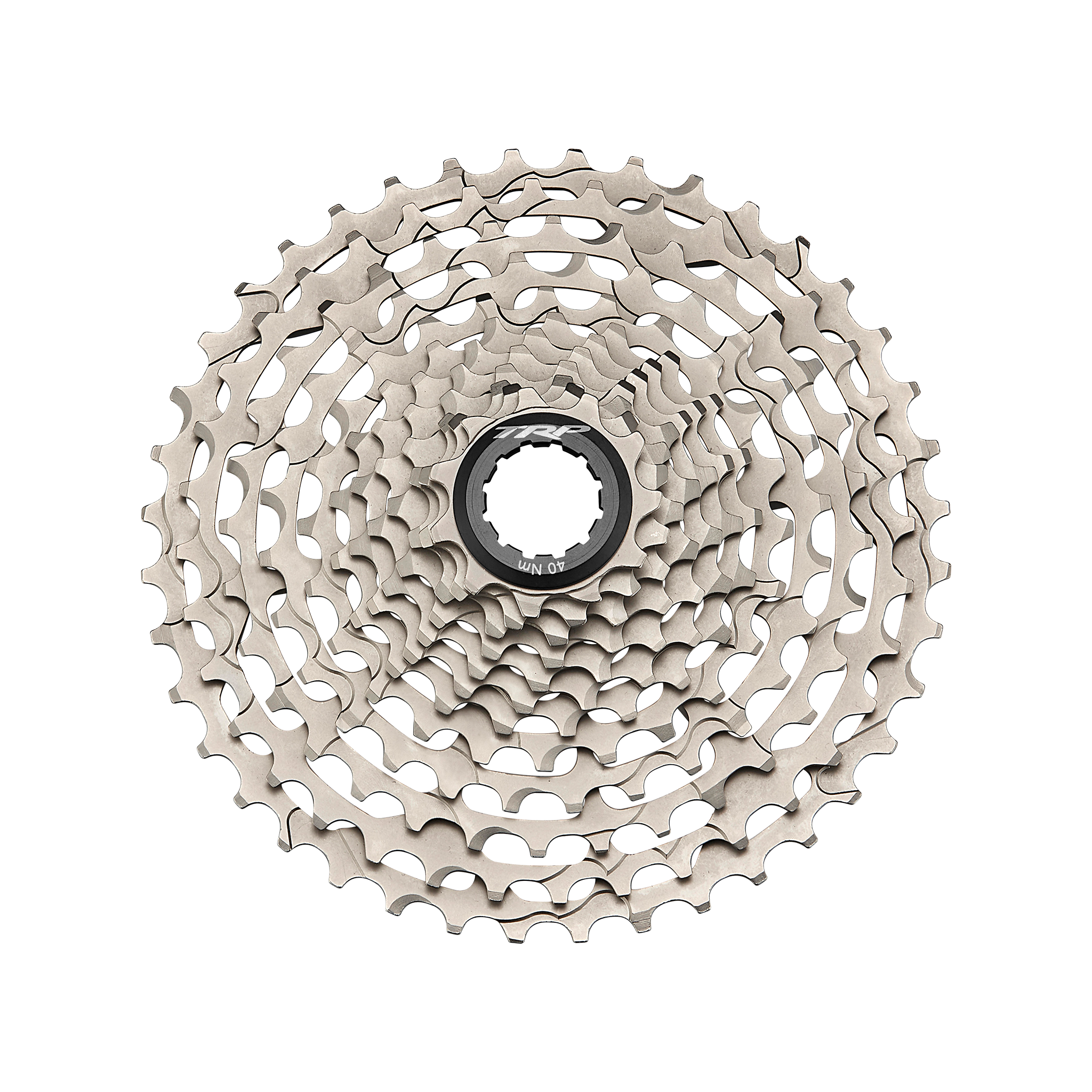 A silver bicycle 12 gear cassette with a precision milled design from a single steel Monoblock.