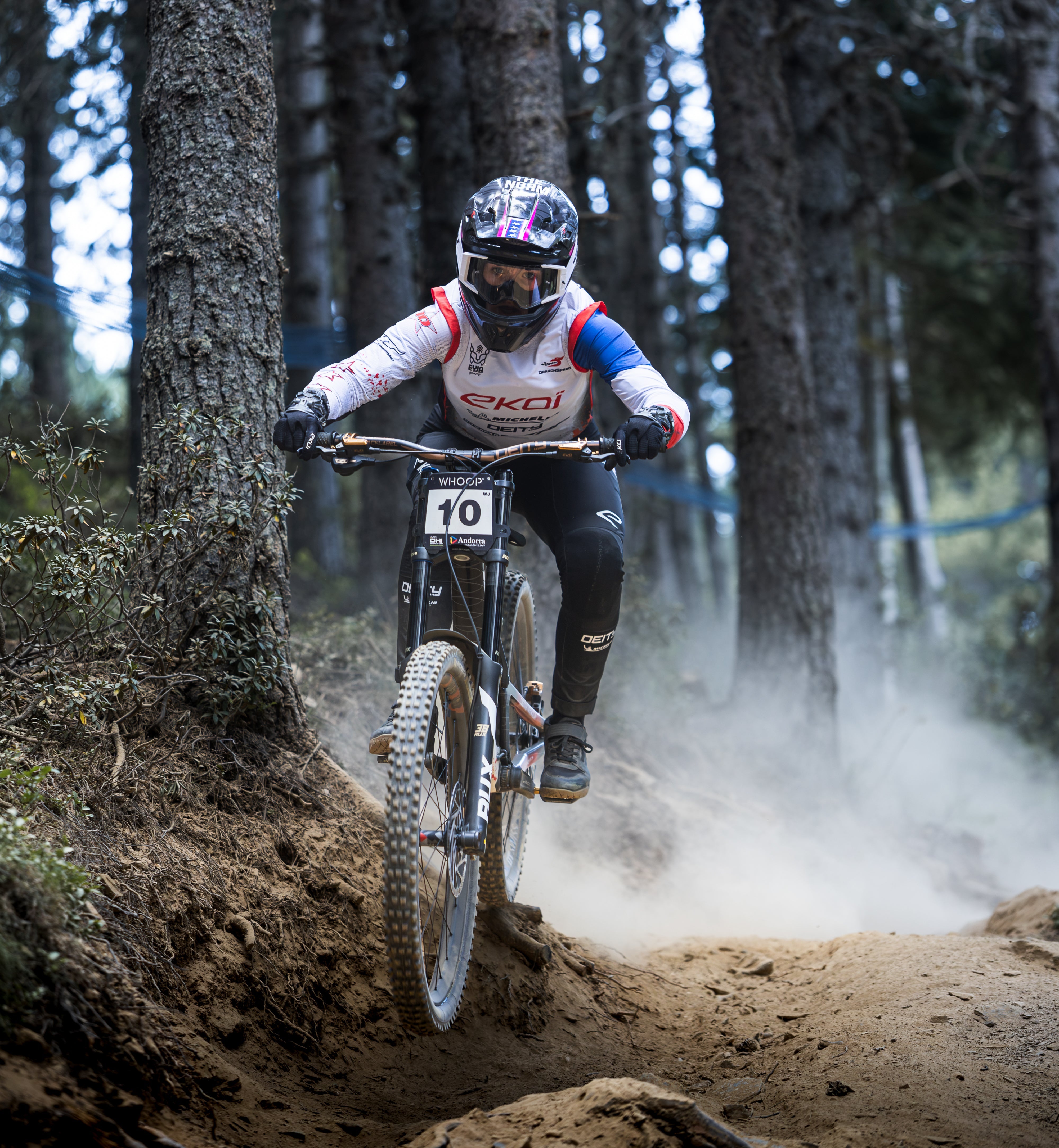 A mountain biker wearing a white, red, and blue Excal racing jersey and full protective gear rides a dirt bike through a dusty forest trail.