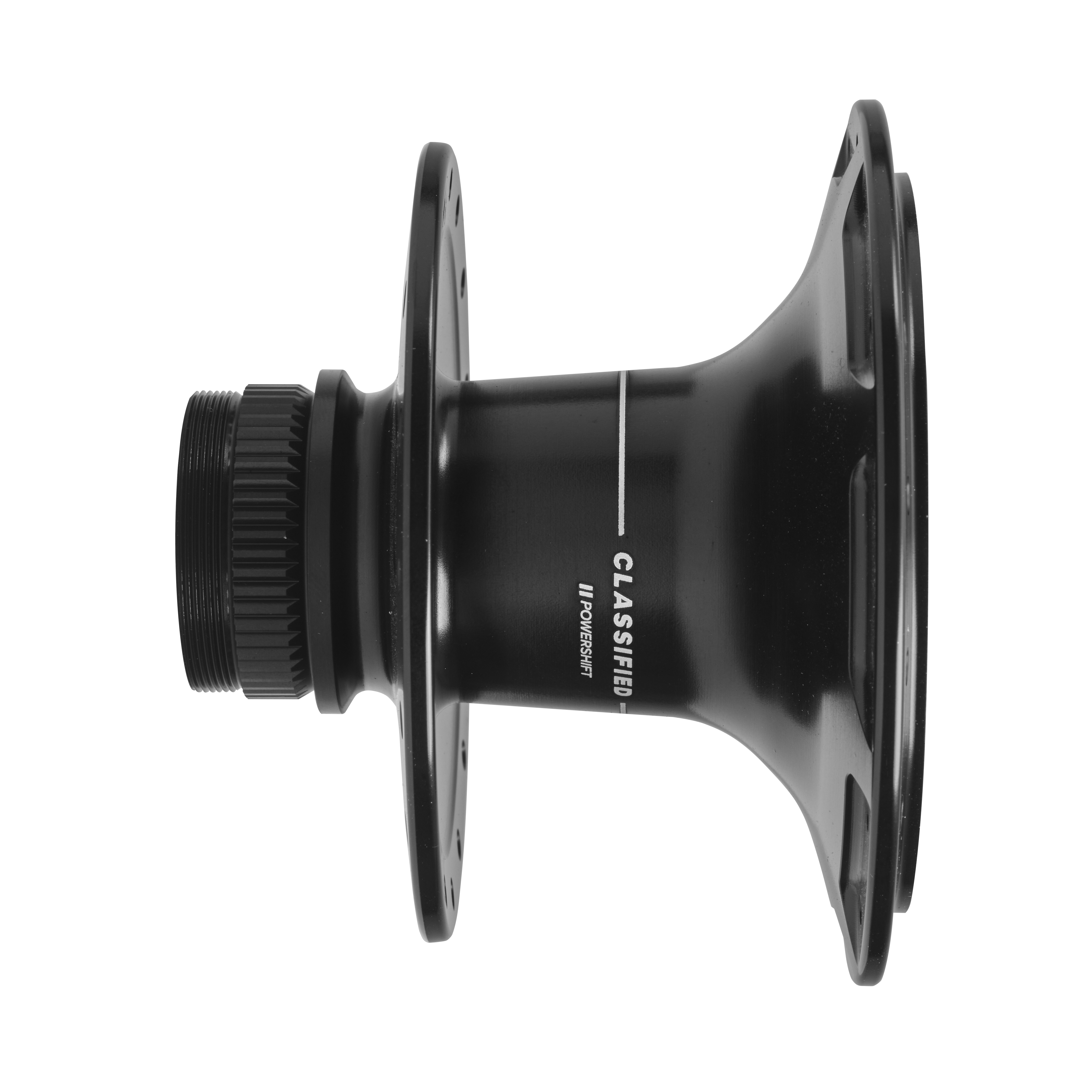 A black Classified Powershift Rear Hubshell SP24 142 designed for bicycles, showing the side profile with the hub shell and part of the spoke visible.