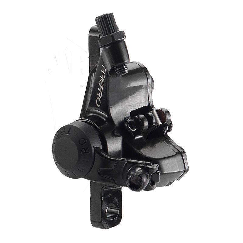 Black TEKTRO brake caliper on a white background