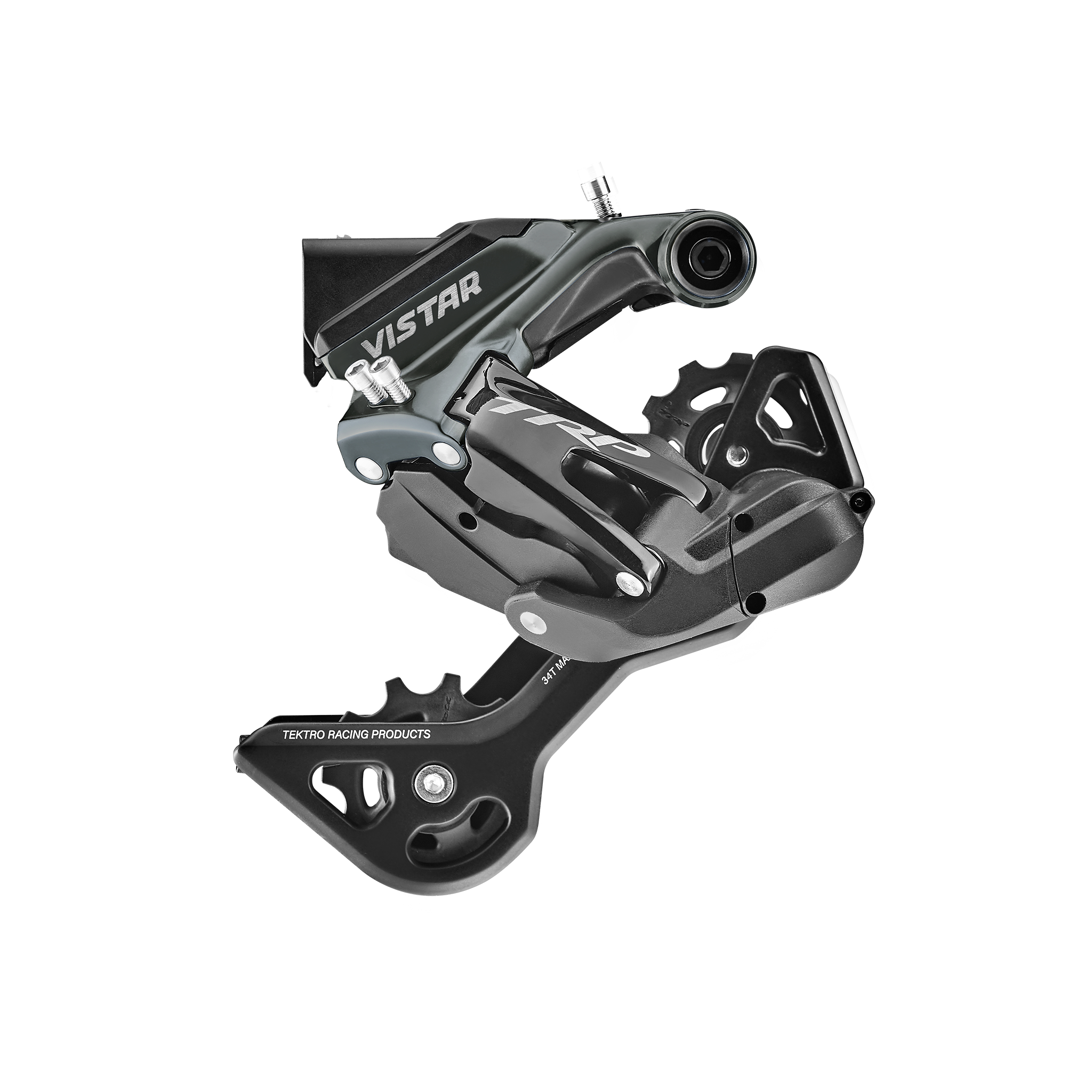 A black Vistar rear derailleur for road bicycles, featuring a high-torque, low-power motor designed for efficient and precise gear changes.