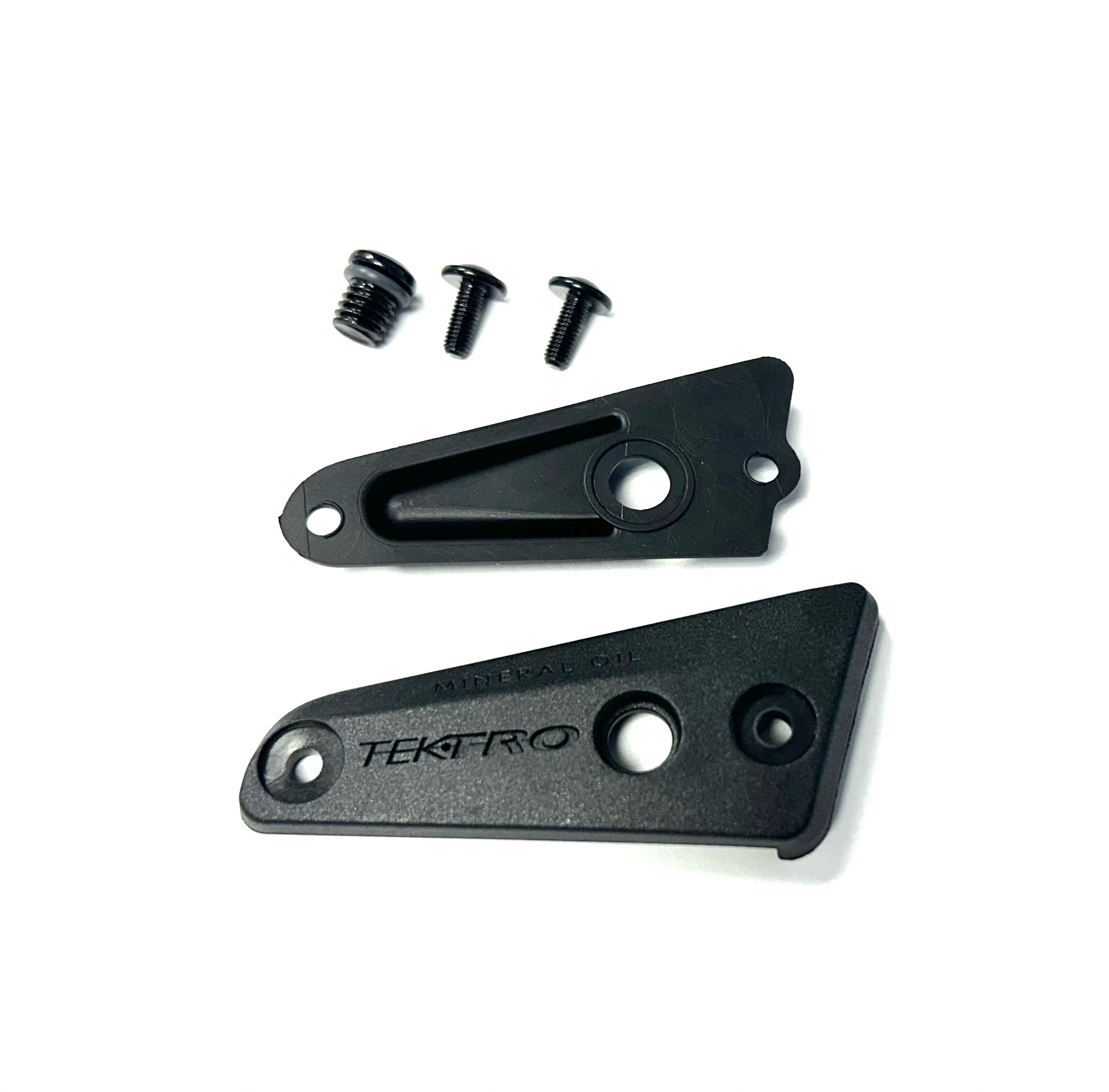 Black metal bracket with screws on a white background